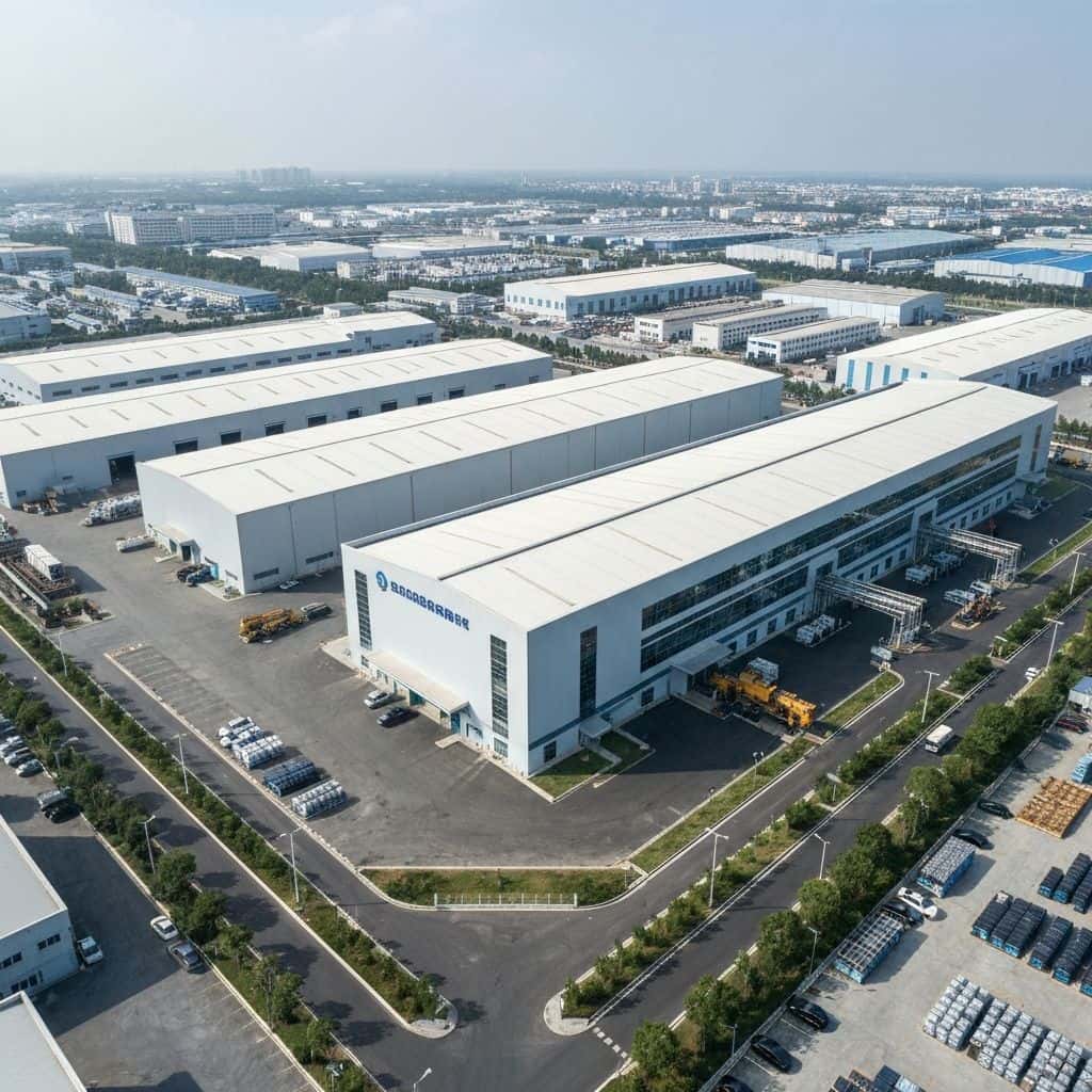 Aerial view of Shanghai Unicorn Cable wire and cable manufacturing facility in Shanghai, China showing production scale and modern equipment