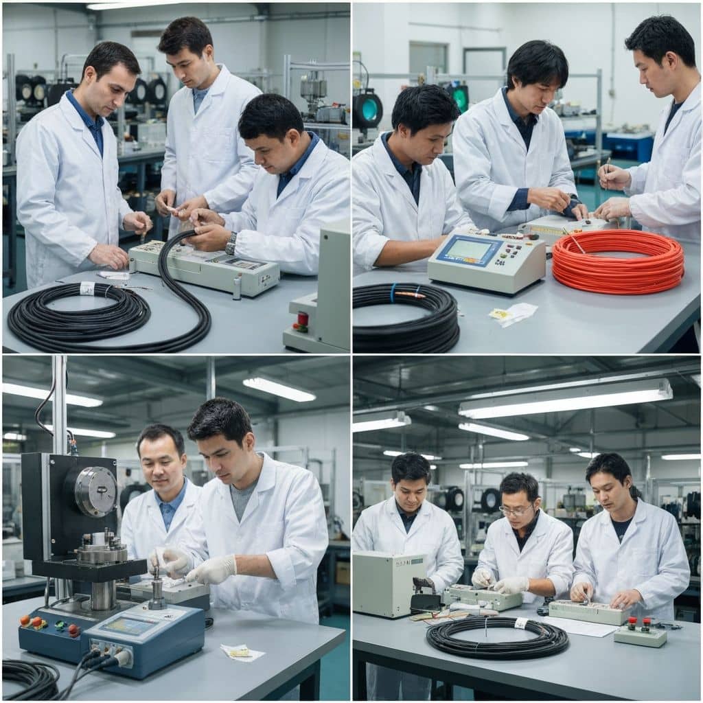 Quality control laboratory testing electrical wire and cable — measuring conductor resistance and insulation integrity
